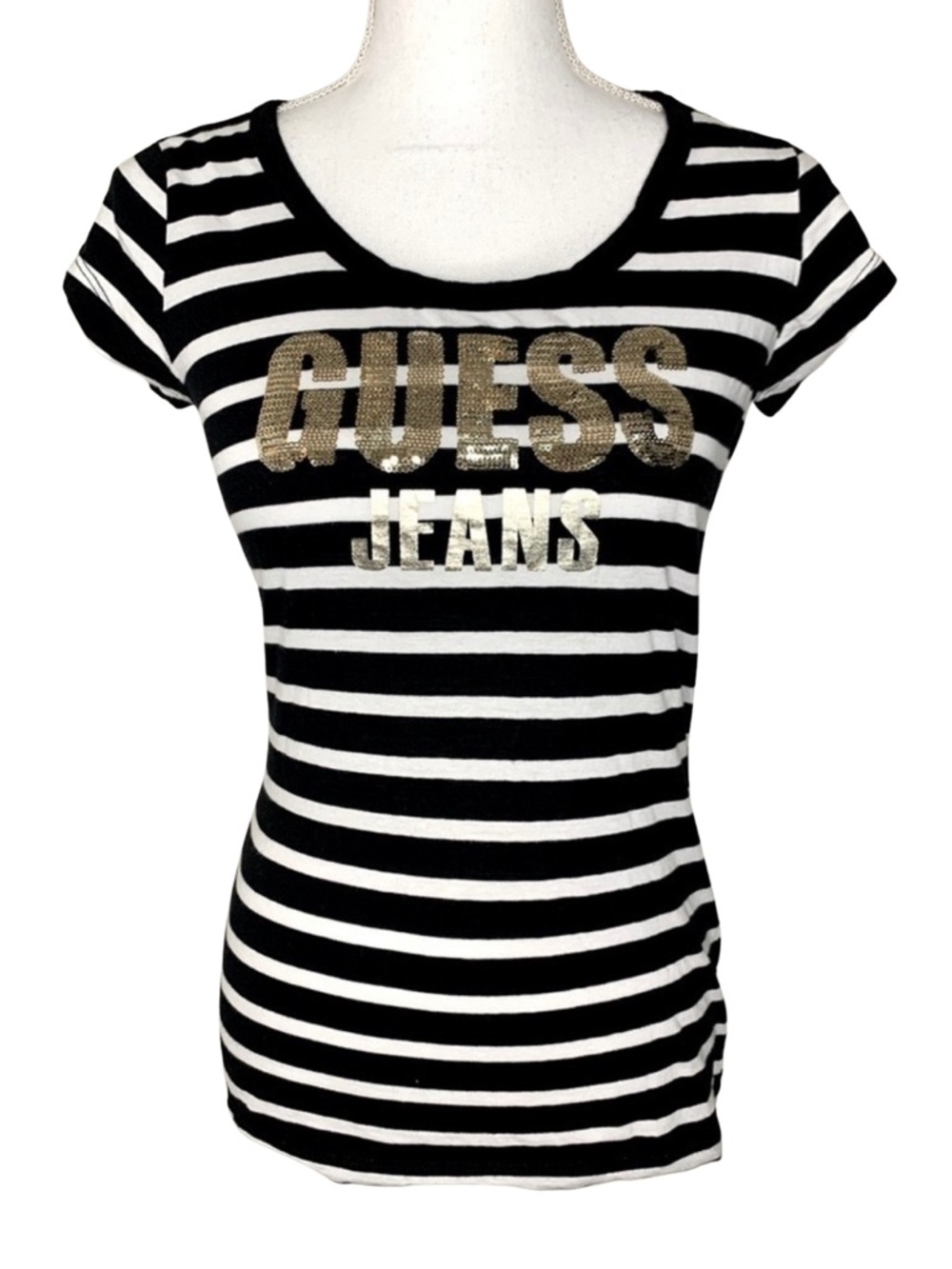 Guess Women Black White Stripe Gold Sequin‎ Logo T-shirt Medium **Runs Small**